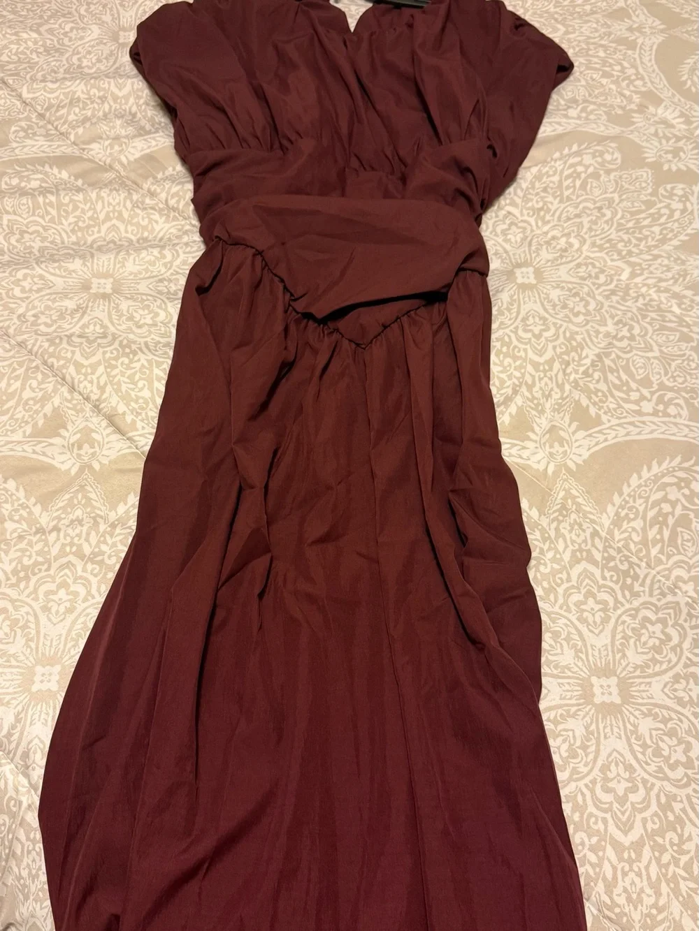 Elegant Short Sleeve Gathered Waist Maxi Dress - Deep Red - Picture 4 of 8